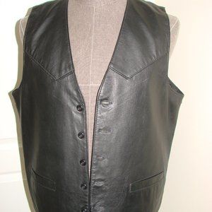 PHASE 2 MEN BLK LEATHER 5 BUTN BIKER VEST-2 PKT